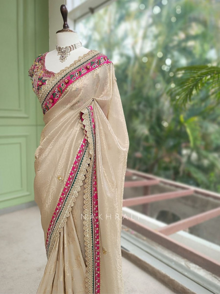 Merona Magenta Saree with Zari Sequin Beads and Cut Dana Work