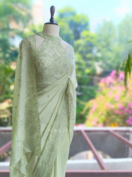 Oshni Light Green Saree with Readymade Halter Blouse