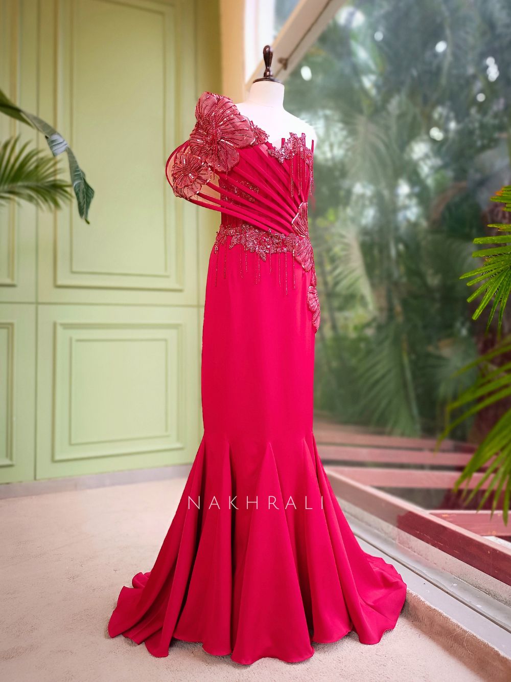 Sylrix Red Statement Gown with 3D Floral Sequin Embroidery Sylrix Red Statement Gown with 3D Floral Sequin Embroidery