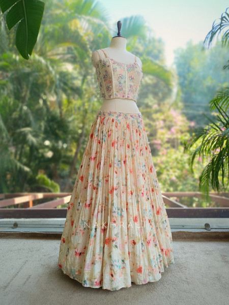 Aarvi Cream Floral Printed Lehenga with Sequin Corset Blouse