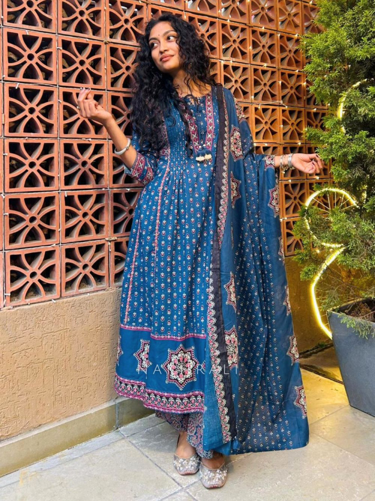 Image of Amla Blue Anarkali Dress with Traditional Print