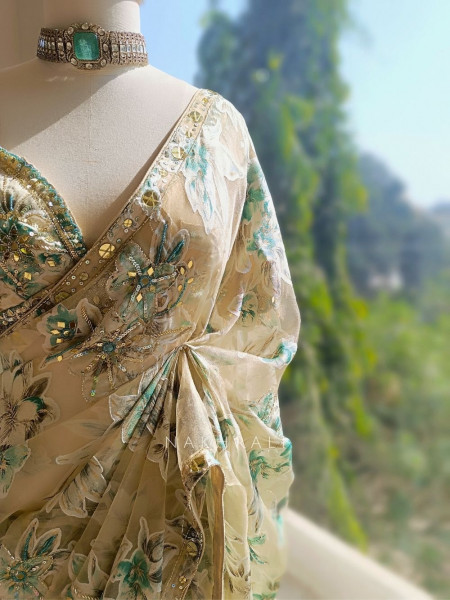 Lily Meadow Cream  Saree with Sequin Floral Work