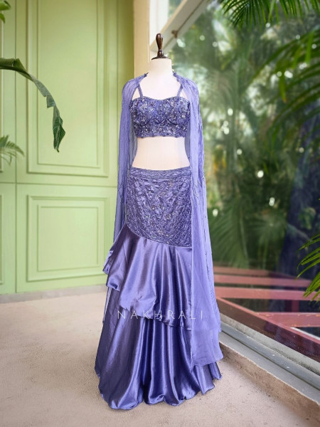 Arista Purple Satin Indo-Western Lehenga with Sequin Bead Work