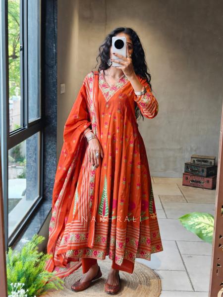 Nirvaya Orange Anarkali Suit Set with Printed Dupatta