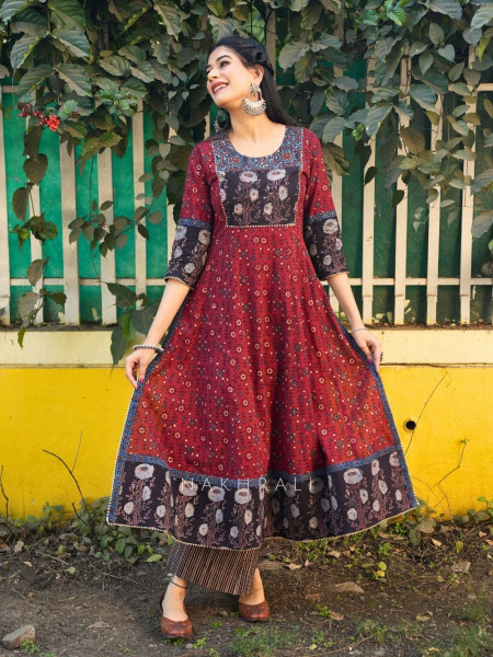 Noori Red Cotton Flared Kurta