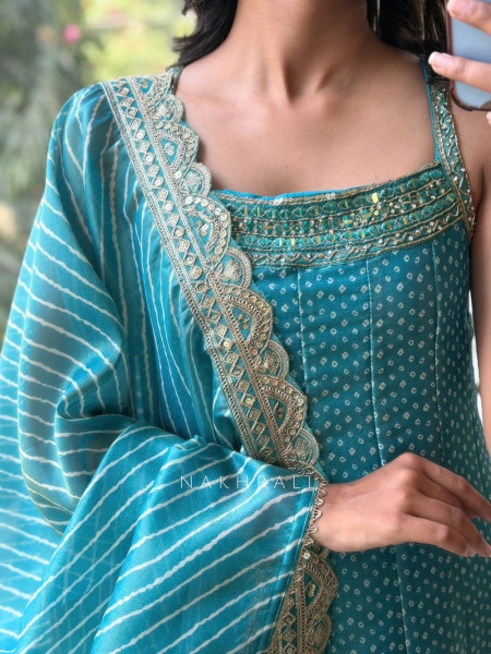 Utsavi Blue Anarkali Suit Set With Bandhani, Gota Patti & Scalloped Zari Work