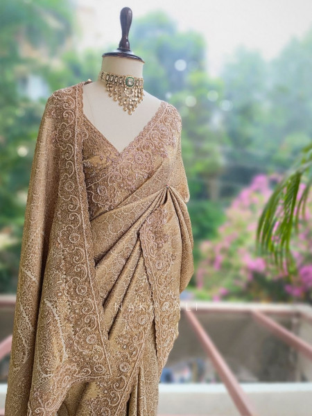 Svaran Lata Cream Banarasi Brocade Saree with Cut Dana Work