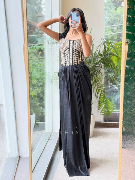 Sohvi Black Drape Gown with Bead, Sequin, Cut Dana and Mirror Work