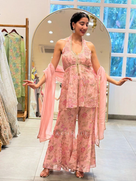 Mira Pink Gharara Suit Set with Floral Zari Work