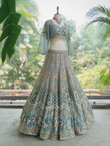 Vastra Firozi Net Lehenga with Cut Dana Sequin Bead Work