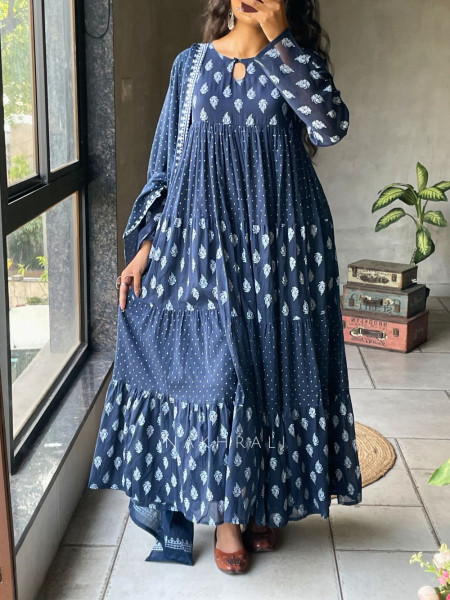Mihira Blue Cotton Anarkali Suit Set with Printed Dupatta