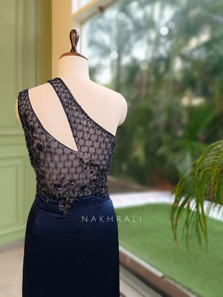 Stellar Navy Blue Cutdana One-Shoulder Ensemble Gown