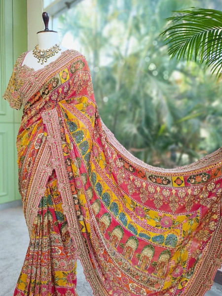 Vidhu Multicolor Saree with Mirror Stone Embroidery