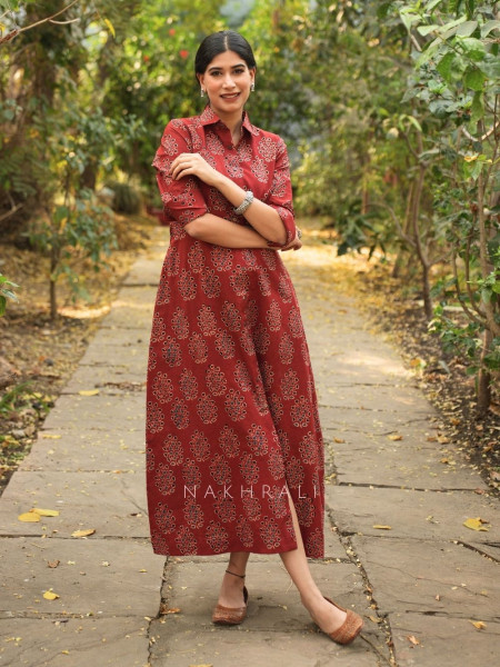 Rihana Red Cotton Block Printed Button-Down Dress
