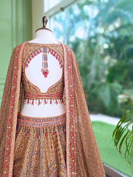 Burnt Orange Silk Lehenga Set With Marodi, Gota Patti & Mirror Work