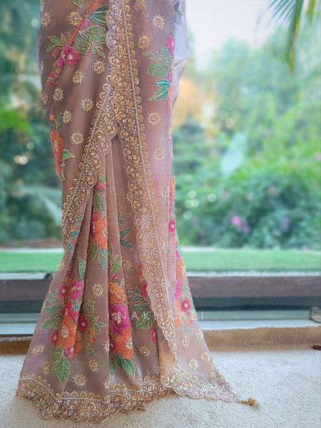 Noor-e-Bahar Wine Silk Organza Saree with Multicolor Floral Resham Embroidery
