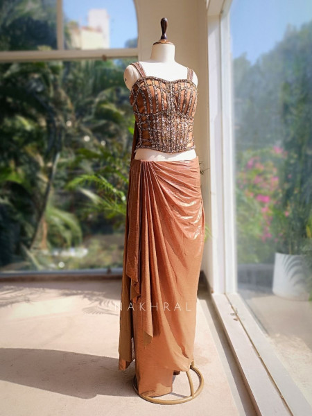 Henley Brown Shimmer Corset Skirt Set with Sequin Grid Work