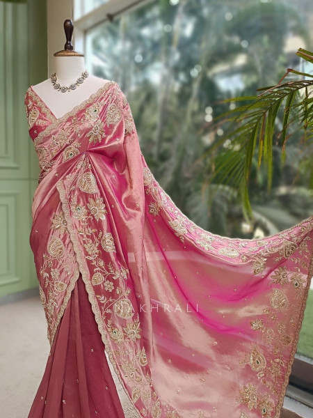 Nishaara Onion Pink Metallic Silk Tissue Saree with Zardozi & Paisley Embroidery