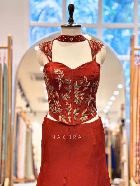 Brielle Brown Corset Lehenga Set with Sequin, Zari and Beads Work