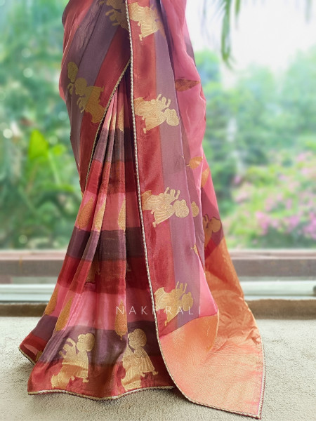 Rangrekha Pink Saree With Striped Woven Figurative Motifs
