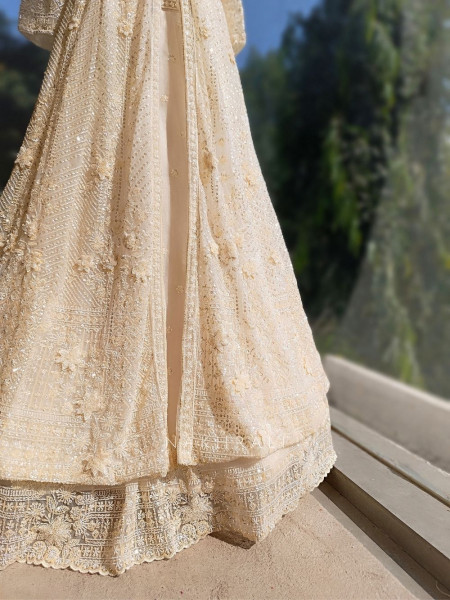 Elvya Cream Embroidered Achkan Lehenga Set