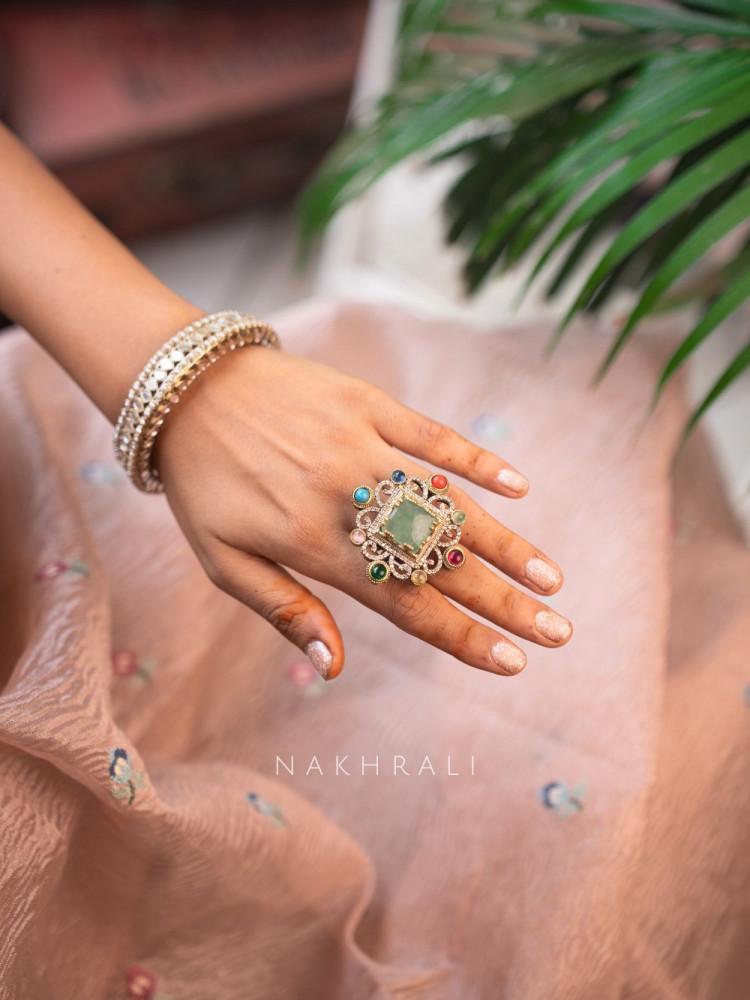 Image of Regalia Green Kundan Ring with Multi-Colored Stones