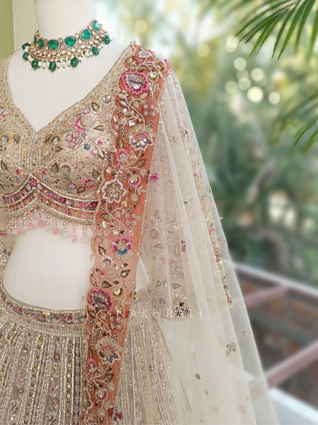 Shararat Beige Net Lehenga Set with Sequin Embroidery