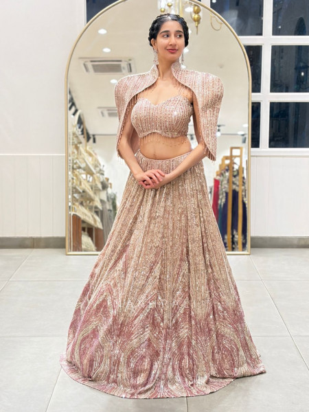 Prismora Peach Net Indo Western Lehenga Set with Sequin Cape and Crystal Tassels