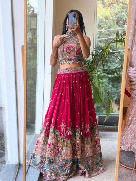 Jharokha Tales Red Lehenga with Pichwai-Inspired Embroidery