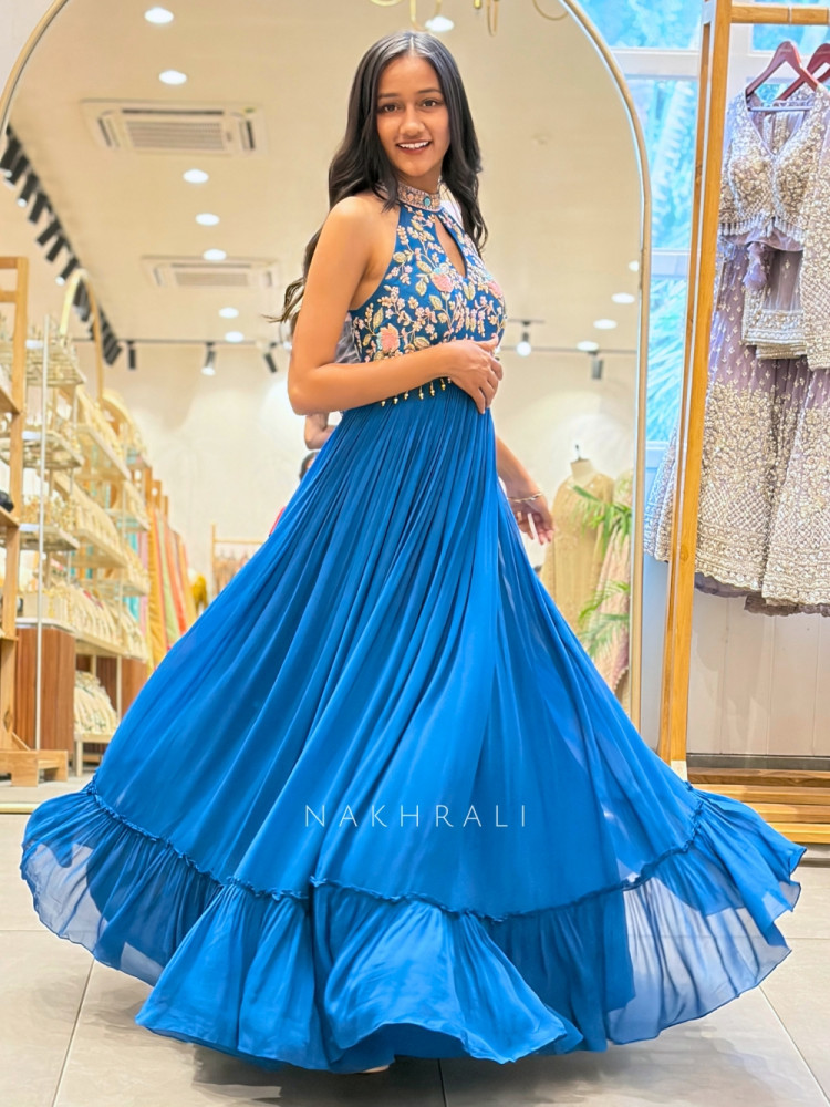 Image of Gulnaz Blue Pleated Halter Gown