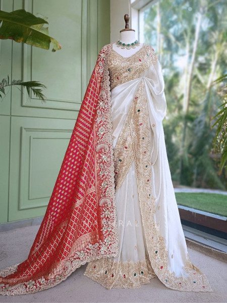 Celestial White Satin Silk Saree With Red Embroidered Dupatta