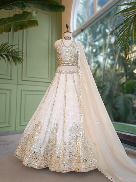 Shabnam Sheesha White Georgette & Tulle Net Designer Lehenga Set