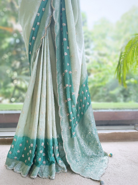 Haritprabha Sage Green Georgette Katan Silk Saree with Running Blouse