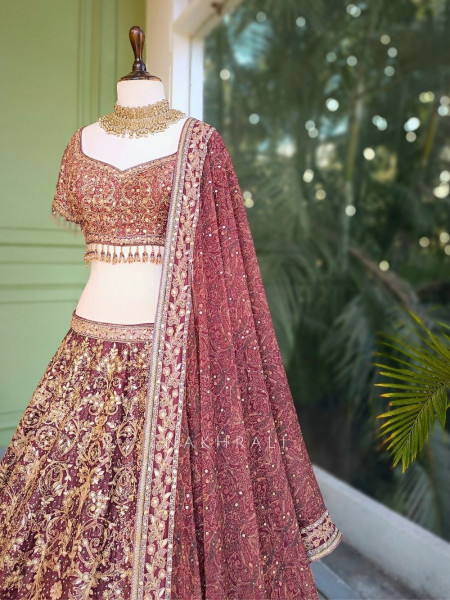 Evara Wine Bridal Lehenga with Gota Patti and Bead Work