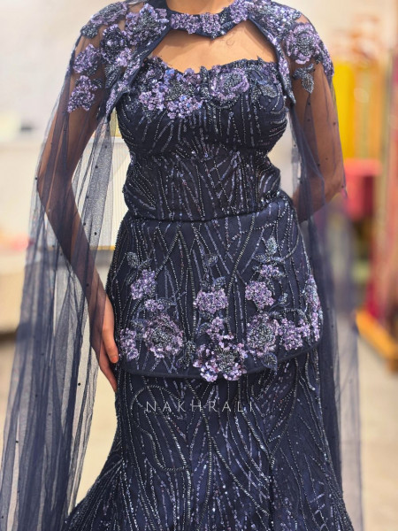 Luna Dark Blue Peplum Indo-Western Lehenga