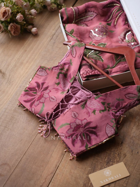 Manoram Pink Floral Printed Saree with Beaded Readymade Blouse