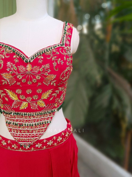 Navira Red Indo Western Draped Dress with Zari Cut Dana and Sequin Work