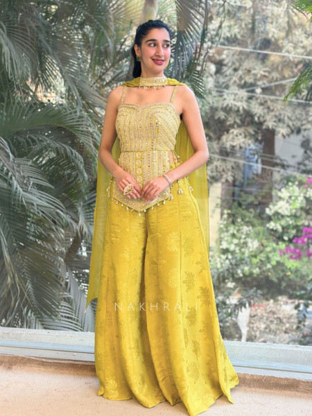 Zariya Lime Green Mirror Crop Top Palazzo Set with Choker Dupatta