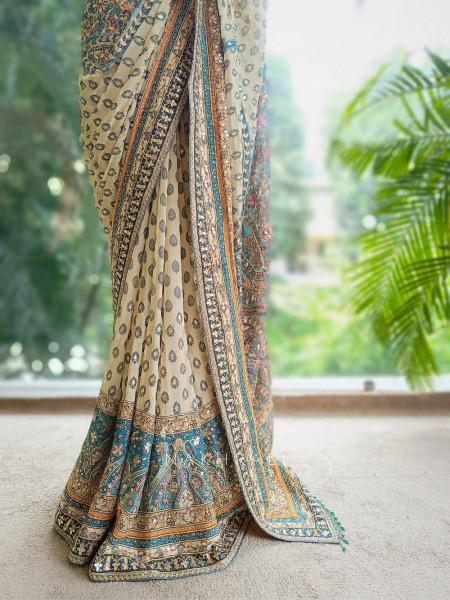 Callista Beige Printed Saree with Zari Sequin Embellishment