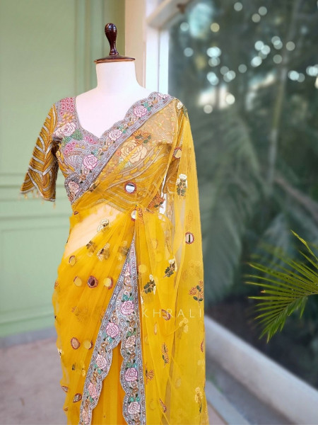 Amber Shine Yellow Net Saree with Zari, Sequins and Thread Embroidery