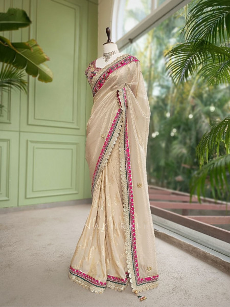 Merona Magenta Saree with Zari Sequin Beads and Cut Dana Work