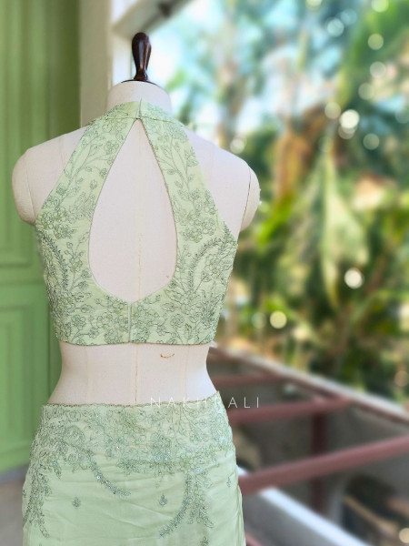 Oshni Light Green Saree with Readymade Halter Blouse