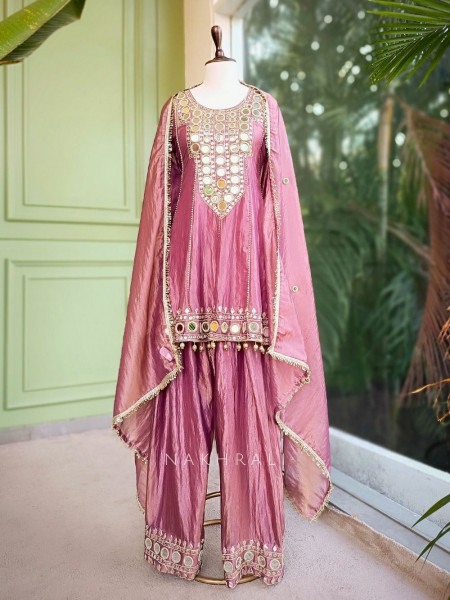 Ruhani Purple Tissue Suit Set with Mirror and Gota Work