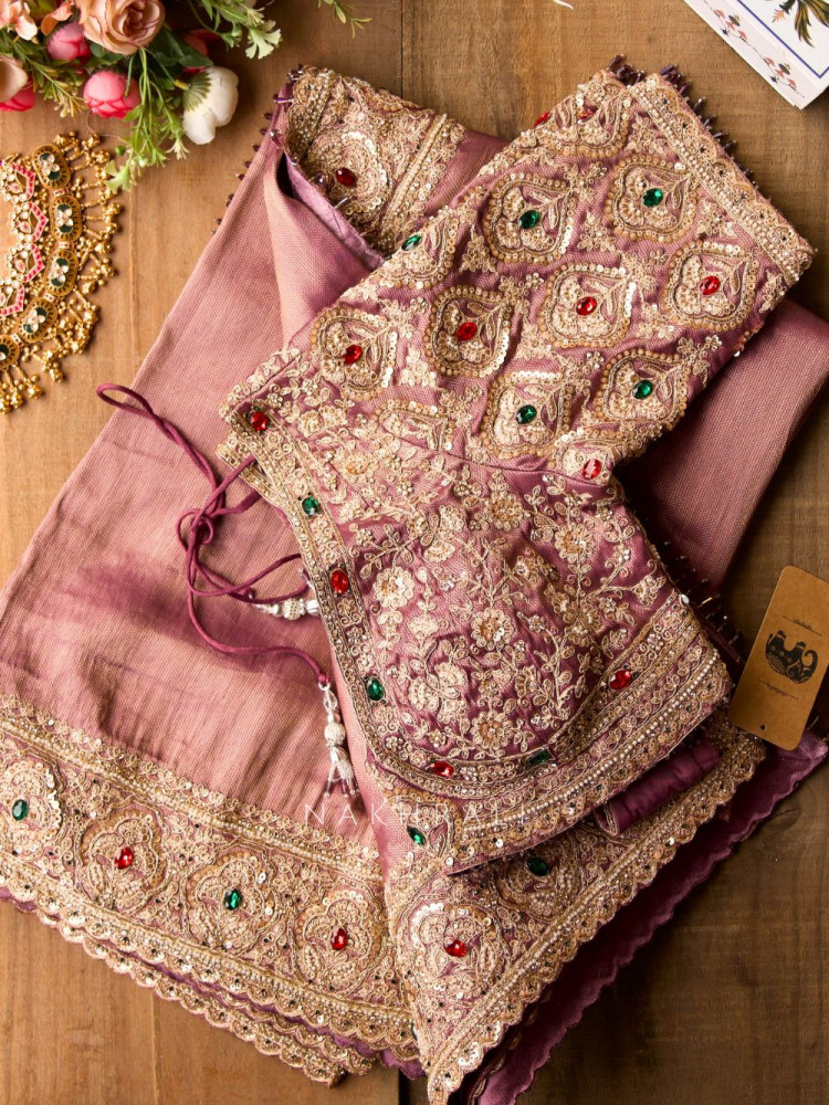 Image of Bloomcrest Purple Embellished Saree with Readymade Blouse