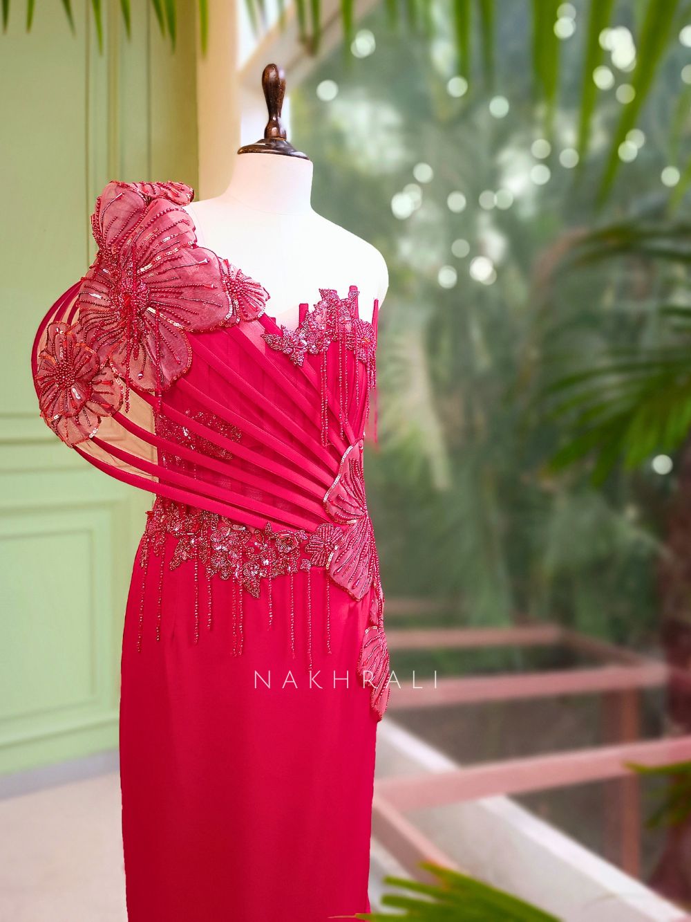 Sylrix Red Statement Gown with 3D Floral Sequin Embroidery Sylrix Red Statement Gown with 3D Floral Sequin Embroidery