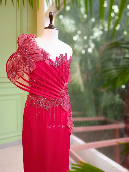 Sylrix Red Statement Gown with 3D Floral Sequin Embroidery