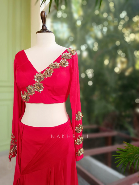 Carmine Red Indo Western Drape Skirt Set with Zari and Sequin Embellishment