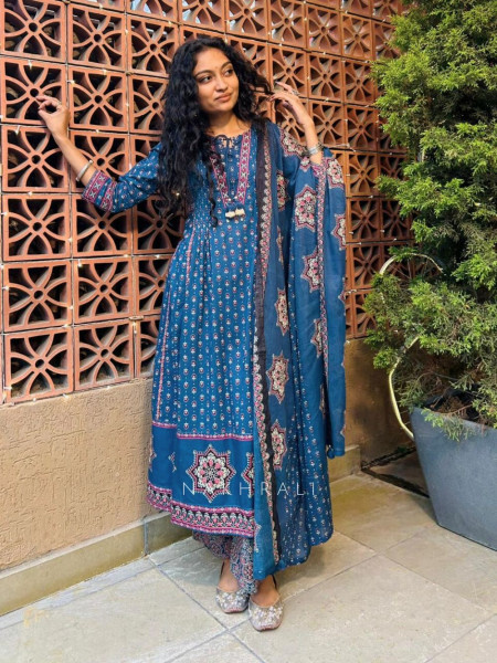Amla Blue Anarkali Dress with Traditional Print