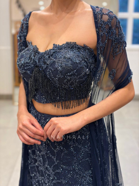 Dangling Bugl Blue Net Indo-Western Cape Lehenga