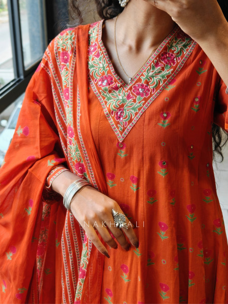 Nirvaya Orange Anarkali Suit Set with Printed Dupatta